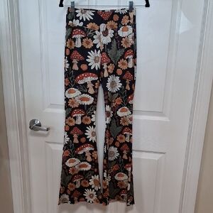 Floral and Mushroom Print Bell Bottom Pants